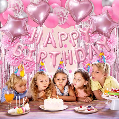 ZERODECO Pink Birthday Party Decorations, Happy Birthday Banner Pompoms Balloons Pink Fringe Curtain Party Décor for Baby Girls Women Party