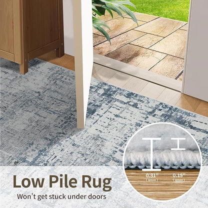 Rugxara 4x6 Rug for Living Room Bedroom, Grey Washable Throw Rugs, Abstract Area Rugs, Non Slip & Low Pile Accent Carpet for Indoor Dining Room, Kids Room and Office(Blue Grey)