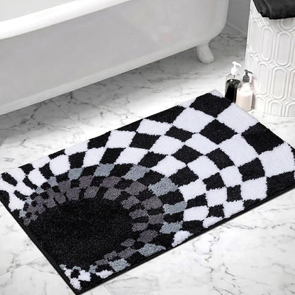 Non Slip Tufted Checkered Bath Mat, Cute Funky Microfiber Absorbent Bath Rug for Bathroom Sink, Toilet, High Pile Black and White Checkerboard Rug, Machine Washable, 16"x24"
