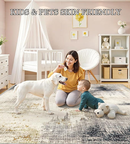 10x14 Washable Area Rugs - Modern Abstract Large Rugs for Living Room Non-Slip Low Pile Soft Machine Washable Carpet for Bedroom, Under Dining Table, Nursery, Farmhouse (10'x14' Beige Tan)