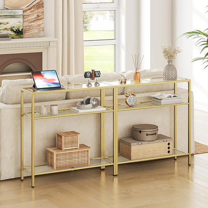 HOOBRO 29.5" Narrow Console Table, 3-Tier Tempered Glass Sofa Table, Modern