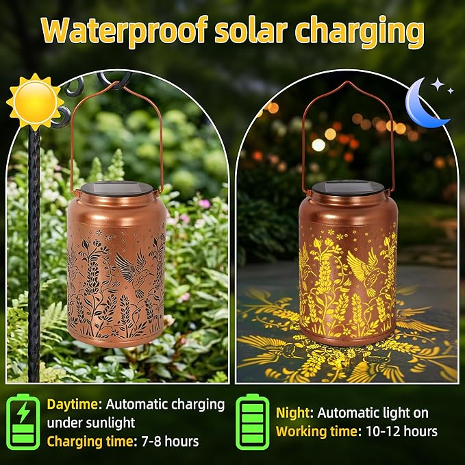 Solar Lantern Outdoor Waterproof, Gifts for Women Mom Grandma, Hanging Metal Light Hummingbird Garden Decor for Yard Patio Lawn