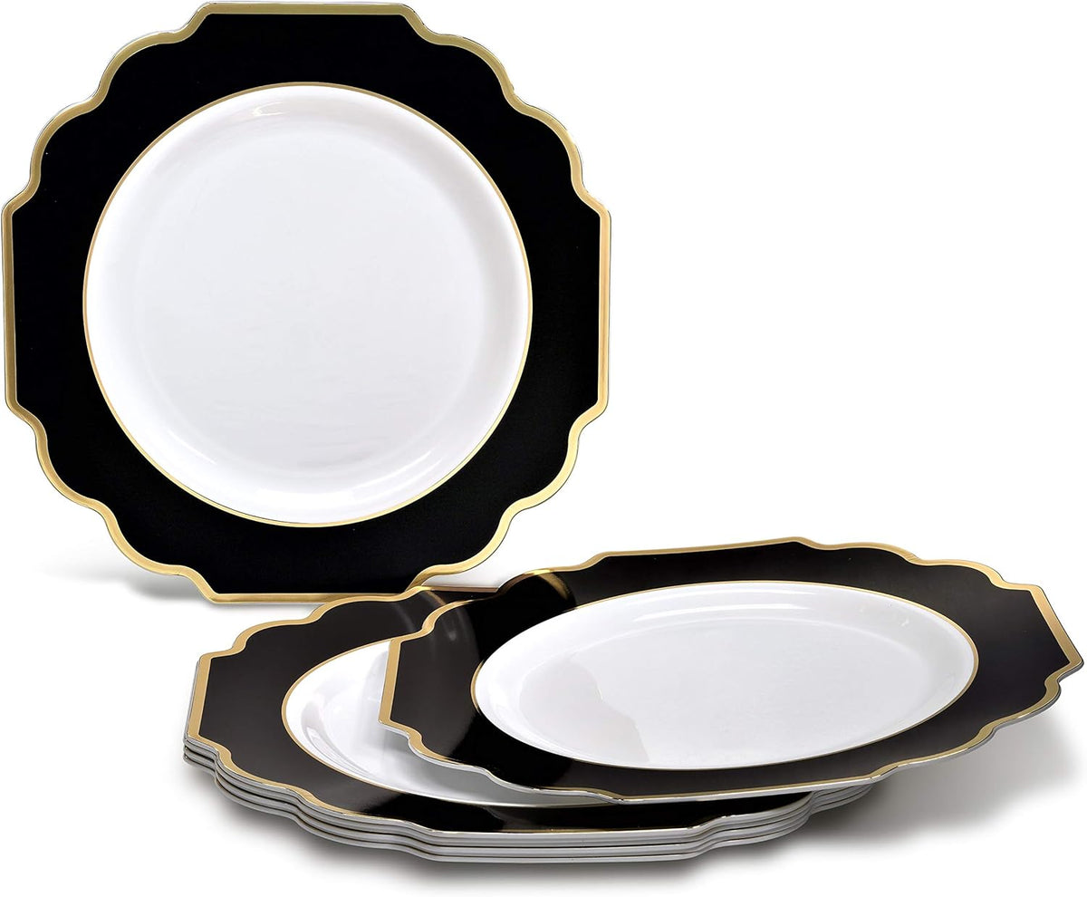 " OCCASIONS " 240 Plates Pack,(120 Guests) Heavyweight Wedding Party Disposable Plastic Plates Set -120 x 10.5'' Dinner + 120 x 8'' Salad / Dessert (Imperial in Black & Gold)