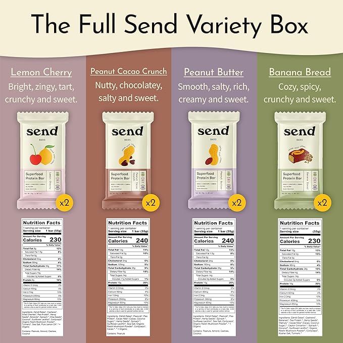 Send Bars Plant-Based Vegan Healthy Protein Bars, With Greens (Variety Pack, 8 Bars) – Only Real Ingredients, Zero Added Sugar, Gluten-Free, Dairy-Free