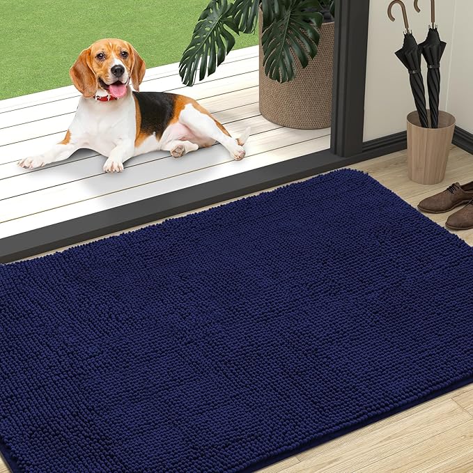 OLANLY Dog Door Mat for Muddy Paws 47x32, Absorbs Moisture and Dirt, Absorbent Non-Slip Washable Doormat, Quick Dry Chenille Mud Mat for Dogs, Entry Indoor Entryway Carpet for Inside Floor, Navy Blue
