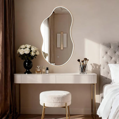 SHYFOY Irregular LED Irregular Wall Mirror, 43" x 23” Modern Asymmetrical Wall Mirror with Lights, Dimmable 3 Color Temperatures, Gold Frame Vanity Mirror for Bedroom, Living Room, Bathroom, Entryway