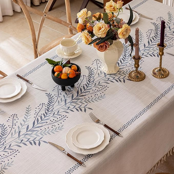 Joyfol Day Rustic Waterproof Linen Tablecloth, Heavy Weight Fern Embroidery Table Cloths for Rectangle Tables, Farmhouse Spill-Proof Table Covers with Tassels, Blue 55''x 102''