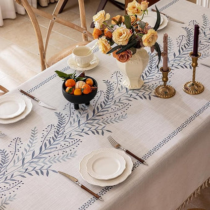 Joyfol Day Rustic Waterproof Linen Tablecloth, Heavy Weight Fern Embroidery Table Cloths for Rectangle Tables, Farmhouse Spill-Proof Table Covers with Tassels, Blue 55''x 102''