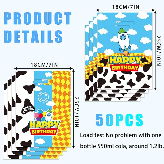 CHENRINDECO 50Pcs Cartoon Story Goodie Bags Cow Pattern Birthday Party Favor Bags Blue Sky White Cloud Plastic Bags with Handle for Toy Themed Birthday Party Supplies