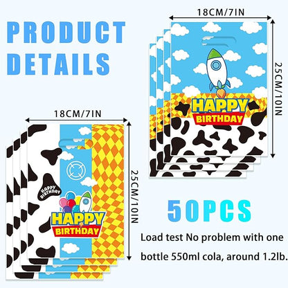 CHENRINDECO 50Pcs Cartoon Story Goodie Bags Cow Pattern Birthday Party Favor Bags Blue Sky White Cloud Plastic Bags with Handle for Toy Themed Birthday Party Supplies