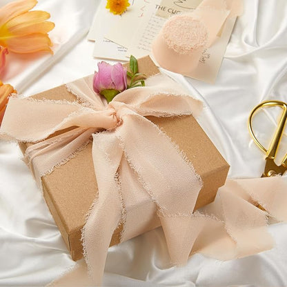 Fall Ribbon, 6 Rolls Champagne Ribbon for Flower Bouquet/Gift Wrapping, 1 1/2 inch x 7Yd Chiffon Ribbons for Crafts, Bridal Bouquets, DIY Crafts