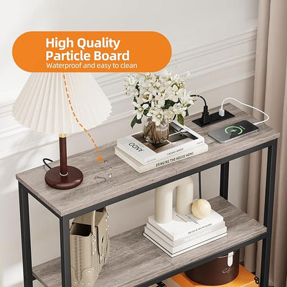 Snughome Console Table with Power Outlets, Entryway Table with Storage, Narrow Sofa Table with 3 Tier Shelves, 2 USB Ports, 2 Power Outlets, Hallway Table for Couch, Living Room, Entrance, Grey