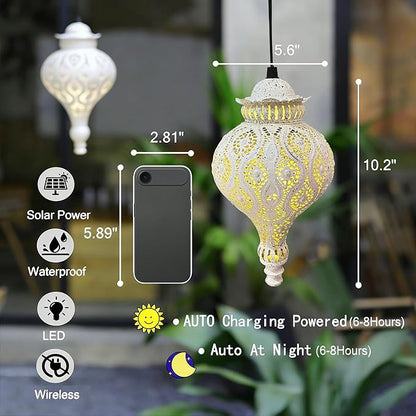 Moroccan Solar Lanterns Outdoor Waterproof White Hanging Lanterns Outdoor Ramadan Garden Decor Gardening Gifts for Women Mom Grandma Solar Lights for Patio, Pathway, Yard, Porch, Backyard.