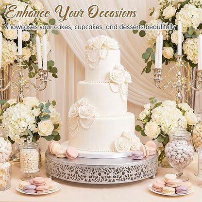 Wenqik 16 Inch Silver Cake Stand Set Metal Round Cupcake Dessert Stand with Cake Cutting, Spatula Wedding Cupcake Pastry Display Candy Holder Display for Wedding Party Birthday Baby Shower(Classic)