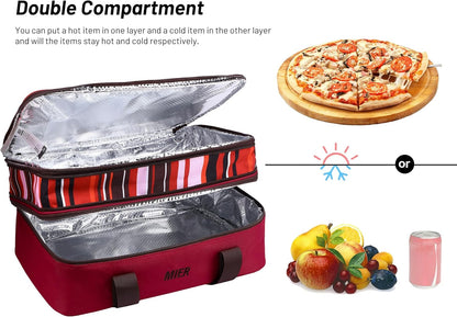 MIER Insulated Double Casserole Carrier Thermal Lunch Tote for Potluck Parties, Picnic, Beach, Fits 9 x 13 Inches Casserole Dish, Expandable by Mid Zipper, Burgundy