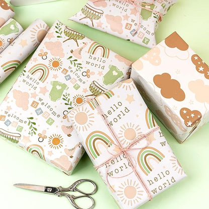 LeZakaa Baby Shower Wrapping Paper Roll, Baby Suit Rainbow Sun Sweet Clouds in Khaki, for Baby Boys Girls, 1st Birthday, Newborn Party, Mini Roll with Cut Lines, 17 x 120 inches, 3 Rolls