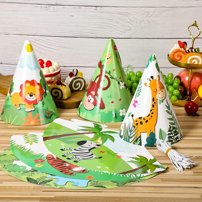 30 Pcs Animal Party Hats for Kids Safari Birthday Cone Hats 6 x 7.87" Jungle Zoo Birthday Party Supplies Decorations for DIY Photo Props Toddlers Baby, Tiger, Giraffe, Elephant, Monkey, Lion, Zebra