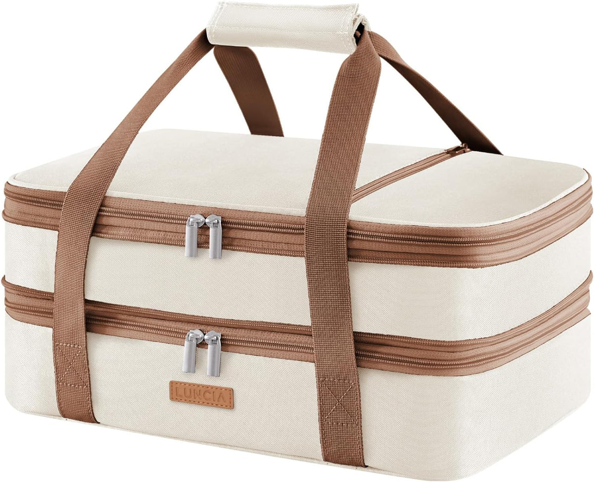 LUNCIA Double Decker Insulated Casserole Carrier for Hot or Cold Food, Lasagna Lugger Tote for Potluck Parties/Picnic/Cookouts, Fits 9"×13" Baking Dish, Cream