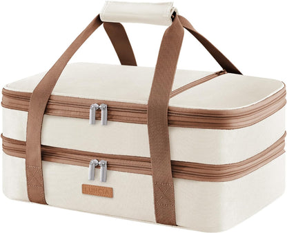 LUNCIA Double Decker Insulated Casserole Carrier for Hot or Cold Food, Lasagna Lugger Tote for Potluck Parties/Picnic/Cookouts, Fits 9"×13" Baking Dish, Cream
