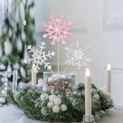 Frozen Party Snowflake Centerpiece Sticks Glitter Winter Wonderland Decorations 12PCS Snowflake Table Topper Centerpieces for Thanksgiving Christmas Birthday Party Supplies