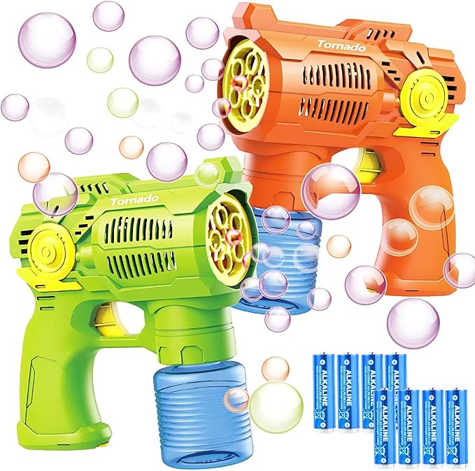 2-Pack Bubble Gun Set with Batteries – Automatic Bubble Blower Toys for Kids & Toddlers | 1 Green + 1 Orange Bubble Shooter with Solution Included | Outdoor Fun & Ready to Play