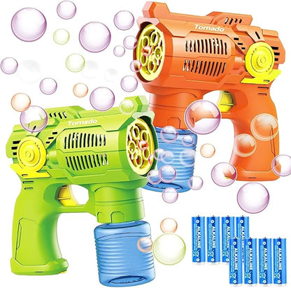 2-Pack Bubble Gun Set with Batteries – Automatic Bubble Blower Toys for Kids & Toddlers | 1 Green + 1 Orange Bubble Shooter with Solution Included | Outdoor Fun & Ready to Play