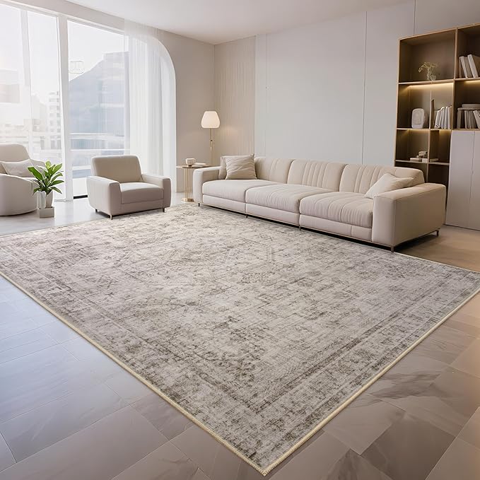 6x9 Washable Area Rug for Living Room, Non-Slip Distressed Rugs for Bedroom Dinning Room, Ultra-Thin Indoor Non-Shedding Vintage Print Carpet for Farmhouse, Home Office, Dorm Light Taupe/Cream