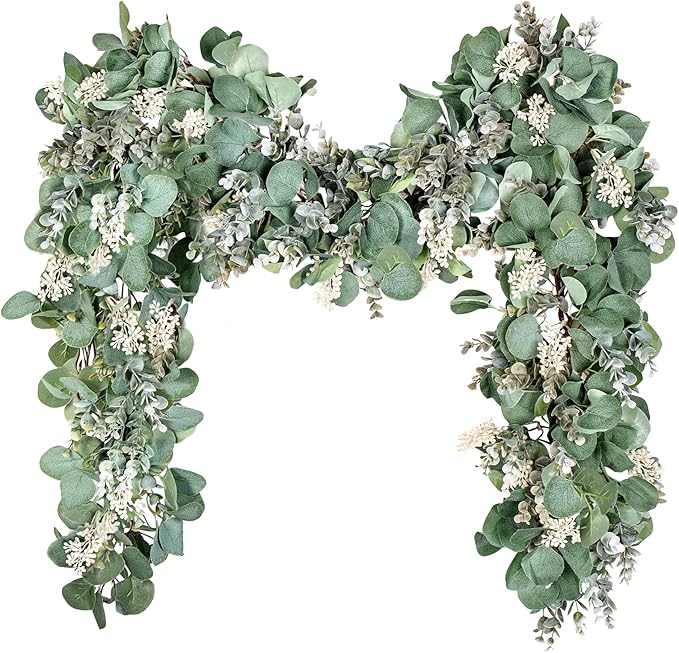 Ouddy Decor Eucalyptus Garland 6.56 Ft Lush Silver Dollar Leaves Boxwood with White Buds Artificial Faux Greenery Vines for Baby Shower Wedding Party Table Runner Room Home Mantle Decor