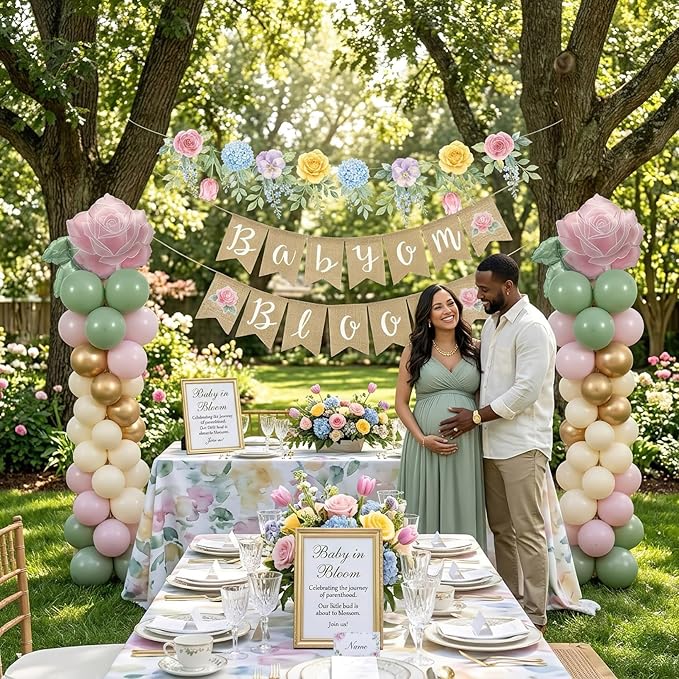 Baby in Bloom Balloon Kit - Dusty Sage Green & Pastel Pink Floral Decorations - Floral Foil Balloons & Banner Set for Girls Boho Baby Shower Spring Garden Birthday Tea Party Supplies