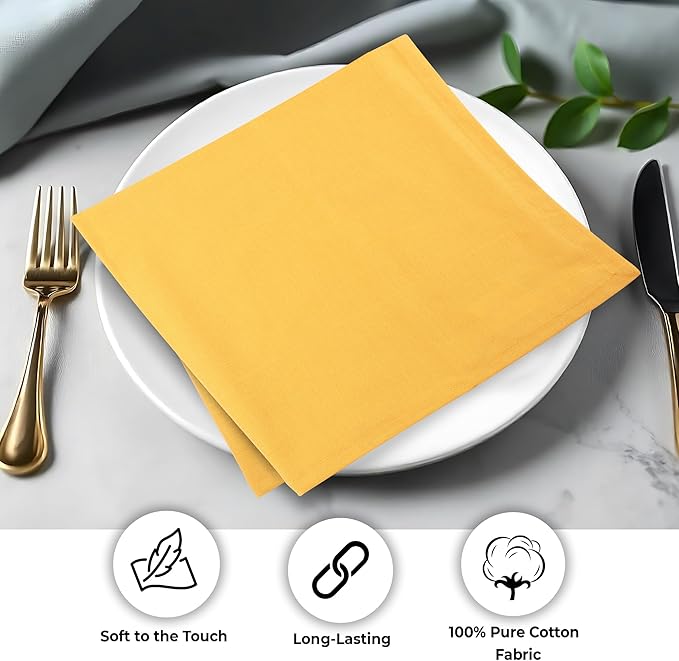 Urban Villa Cloth Napkins Set of 12 (20x20 Inches) 100% Cotton Napkins Cloth Washable Soft Durable Reusable Absorbent Table Dinner Napkins Cloth for Hotel Lunch Restaurant Weddings Parties - Mustard