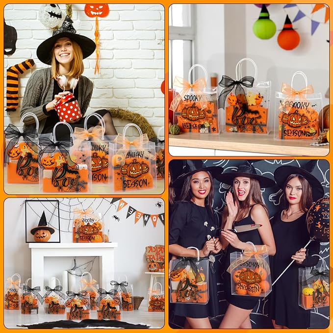 Motipuns 24 Pcs Clear PVC Gift Bags with Handles and Ribbon Party Favor Reusable Plastic Goodie Candy Treat Bags for Birthday Party Supplies(Halloween)