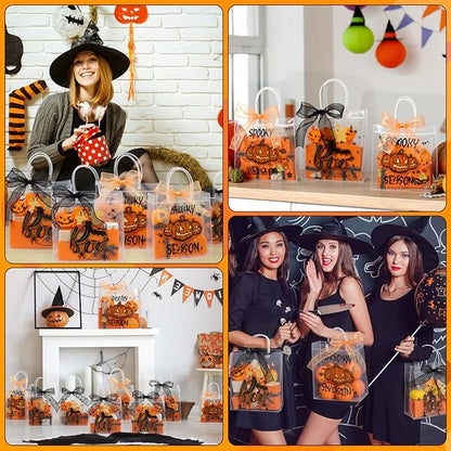 Motipuns 24 Pcs Clear PVC Gift Bags with Handles and Ribbon Party Favor Reusable Plastic Goodie Candy Treat Bags for Birthday Party Supplies(Halloween)