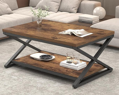HSH Wood Coffee Table with Storage, Farmhouse Rustic Brown Coffee Table