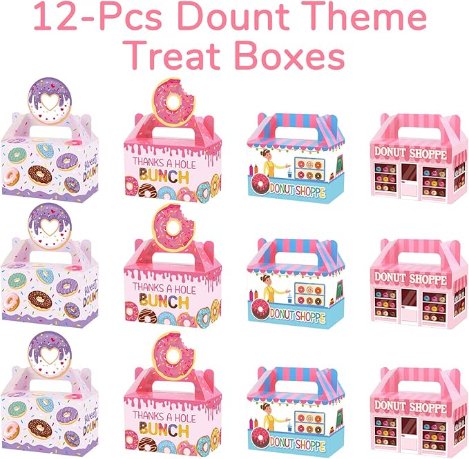 12 Pack Donut Party Favor Boxes Two Sweet Candy Treat Bags Cute Donut Goodie Bags with Dessert Thanks A Hole Bunch Candy Gift Birthday Boxes for Kids Birthday Baby Shower Party Decorations Supplies
