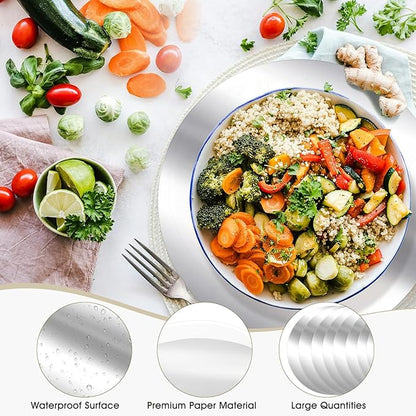 KesaPlan 100PCS Round Silver Placemats, 13" Disposable Paper Placemats for Dining Table, Mirrored Silver Charger Place Mat for Kitchen Banquet Table Setting Wedding Birthday Dinner Party Decor