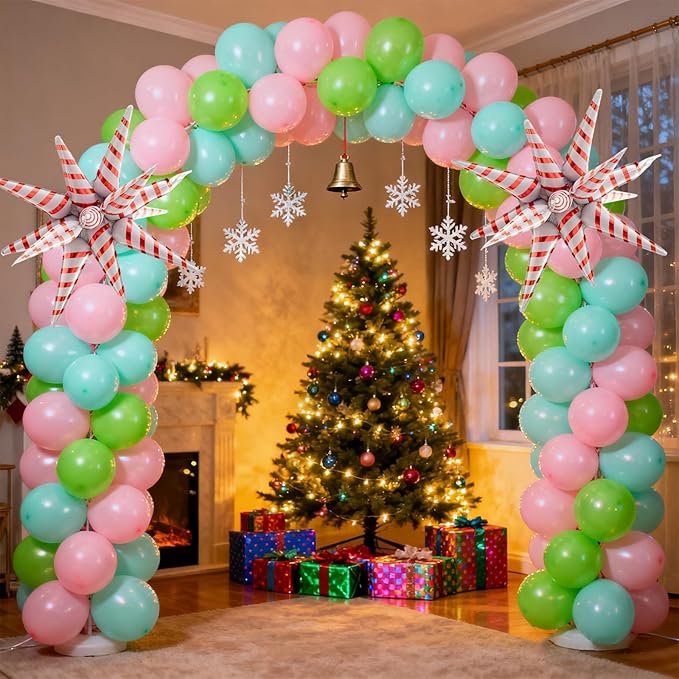 136PCS Christmas Balloon Garland Arch Kit, Pink Green Blue Balloons with Explosion Star Mylar Foil Balloons Set for Women Girl Xmas Birthday Wedding Baby Shower Candy Christmas Party Decorations