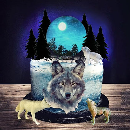 13 PCS Wolf Cake Topper Full Moon Cake Decor with Animal Figurine Wolf Themed Wedding Birthday Cake Decorations (Gray)