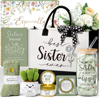 Best Sisters Gifts from Sister, Christmas Gifts for Sisters Birthday Gift from Brother, Funny Sister-in-Law Unique Soul Sis Gift Basket for Best Friends with Canvas Tote Bag 16Oz Can Glass Cup