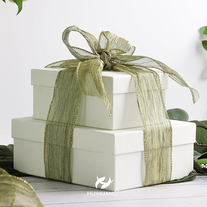 HUIHUANG Moss Green Wired Ribbon 2.5 inch Green Crinkled Silk with Gold Metallic Christmas Ribbon for Wreath Supplies Wedding Holiday Christmas Tree Decor Swags Gift Wrapping -10 Yards