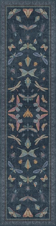 Dark Blue Vintage Runner Rug 3x12, Washable Non Slip Kitchen Carpet for Hallway & Entryway, Insect Moth Home Décor, Stain Resistant Low Pile Rug