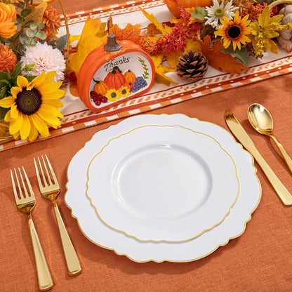 WDF 100pcs Gold Plastic Plates - High-end Baroque Design - Heavy Duty White &Gold Wedding Plates Set Ideal for Thanksgiving Weddings/Party/Bridal Shower