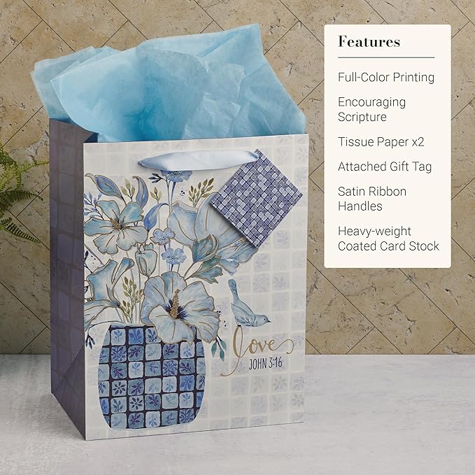 Christian Art Gifts Large Portrait Inspirational Scripture Gift Bag, Tag & Wrapping Tissue Paper Set for Women: Love John 3:16 Encouraging Bible Verse, Satin Ribbon Handles, White/Blue/Gold Floral