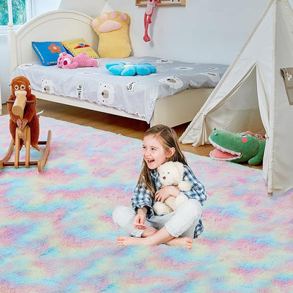 Ultra Soft Rug for Living Room, 5X8 Fluffy Shag Area Rug for Bedroom, Modern Shaggy Carpets Fuzzy Rug for Teens Dorm Nursery Home Decor Aesthetic, Upgrade Anti-Skid Durable, Rainbow