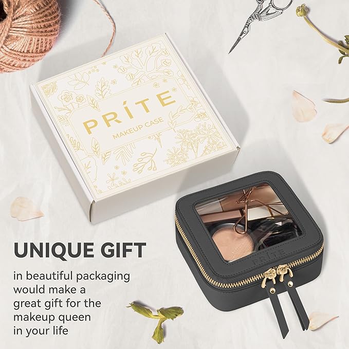 Prite Mini Clear Makeup Bag for Purse Cute Small Travel Cosmetic Bag for Women Waterproof Toiletry Bag Leather Makeup Pouch with Gold Zipper(Black)
