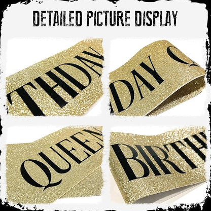 32 Birthday Queen 32nd Birthday Sash for Women, Gold Glitter Sash with Black Foil