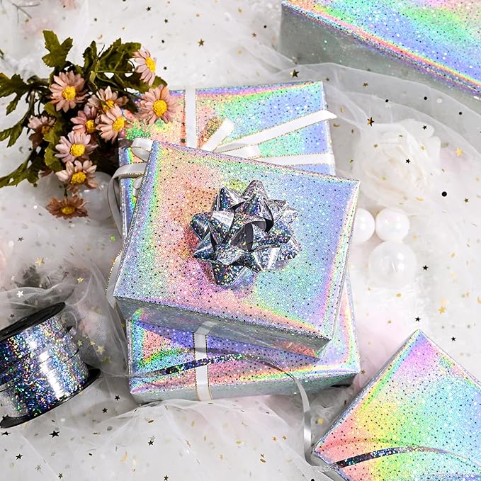 Burymento Silver Wrapping Paper Roll, Metallic Holographic Star Gift Wrap for Birthday, Valentines, Mothers day, Graduation, Wedding, Fathers day, Baby Shower, Christmas (17 IN x 32.8 FT)