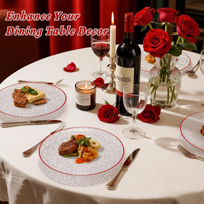 Rubtlamp 60Pcs Red Plastic Plates, Clear Plastic Plates, Heavy Duty Disposable Plates for Party, Fancy Hammered Plates Include 30 Red Dinner Plates 30 Clear Cake Plates For Wedding