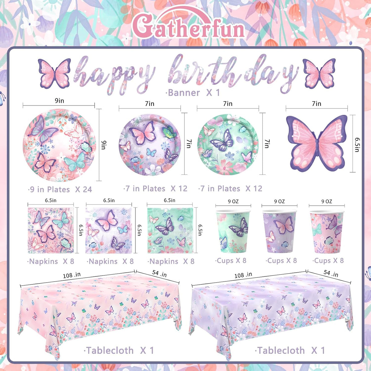Butterfly Birthday Party Supplies Set - Includes Disposable Plates, Cups, Napkins, Tablecloth, and Banner | Butterfly Party Decorations for Girls Birthday Celebration,Serve 24