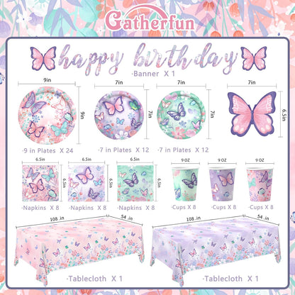 Butterfly Birthday Party Supplies Set - Includes Disposable Plates, Cups, Napkins, Tablecloth, and Banner | Butterfly Party Decorations for Girls Birthday Celebration,Serve 24