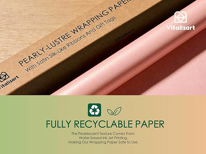 Vitalizart Pink Wrapping Paper Set 30" Pearly-Lustre With Silk Like Satin Ribbon & Gift Tags Recyclable Christmas Gift Wrapping Birthday Baby Shower Wedding Handmade Crafts 197"(16.4 Ft)